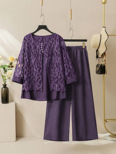 SHEIN Lacomfia Elegant Mesh Patchwork Round Neck 3/4 Sleeve Loose Regular Shirt And Elastic Waist Pants Set, Spring & Autumn, Plus Size