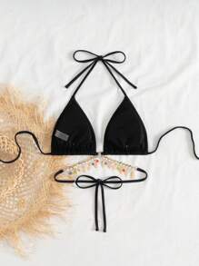 SHEIN Swim Top triangolare sexy e alla moda di colore unito per l'estate e le vacanze al mare, abbinato a un top bikini con pendente a catena metallica colorata di alta qualità - nero - Visualizzare 4