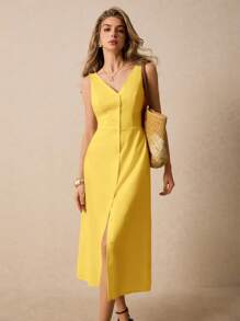 Poéselle 女士纯色 V 领单排扣无袖连衣裙，休闲 - 黃色 - 查看 3
