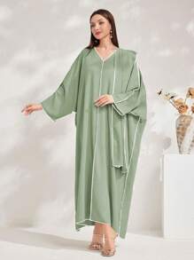 Al Najma Minimalist Turkish Style Long Dress, Suitable For Summer, Modest Kaftan - Green - View 7