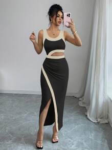 Selianne 不对称单肩短款上衣长裙，性感优雅