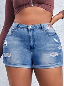 SHEIN SXY Plus Size Summer Casual Washed Distressed Slim Fit Denim Shorts - Medium Wash - View 5