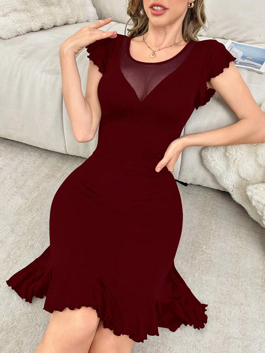 SHEIN Women's Scoop Neck Ruffled Trim Fitted Short Sleeve Nightgown - Burgundy - View 1