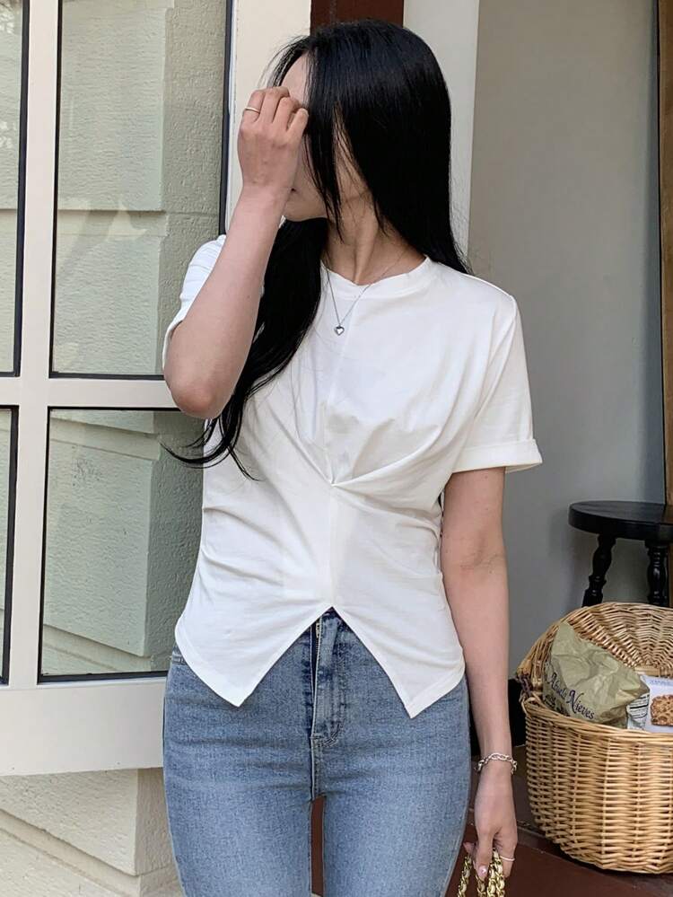 Women's City Casual Round Neck Waisted Short Sleeve T-Shirt, Summer Design