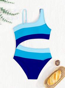 SHEIN Traje de baño de una pieza para niña preadolescente con diseño asimétrico de cuello y bloque de color, corte en la cintura, ideal para vacaciones en la playa