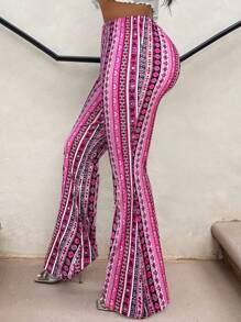 SHEIN SXY 大码女式佩斯利印花蓝色中腰喇叭腿抽绳高腰裤，春夏度假