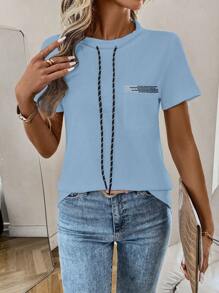 EMERY ROSE Women Casual Loose Drawstring Short Sleeve Hoodie T-Shirt - Blue - View 5