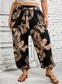 SHEIN CURVE+ Plus Size Women's Summer Tropical Print Paper Bag Waist Carrot Sports Jogger Pants, Beach Boho Vacation - Multicolor - View 6
