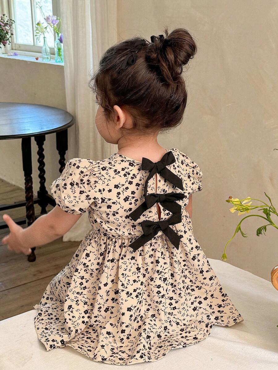 LMoss Kids 女宝宝编织碎花圆领荷叶边袖修身休闲连衣裙 - 彩色 - 查看 1