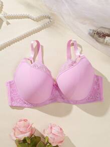 1 件浪漫蕾丝拼接加厚大码钢圈内衣文胸女士 - 粉色 - 查看 3