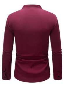 Calvornis Men's Solid Color Single-Breasted Casual Commuter Shirt - Red - View 2