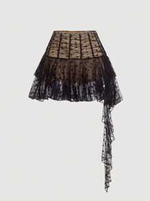 SHEIN MOD 褶饰不对称蕾丝低腰黑色半身裙