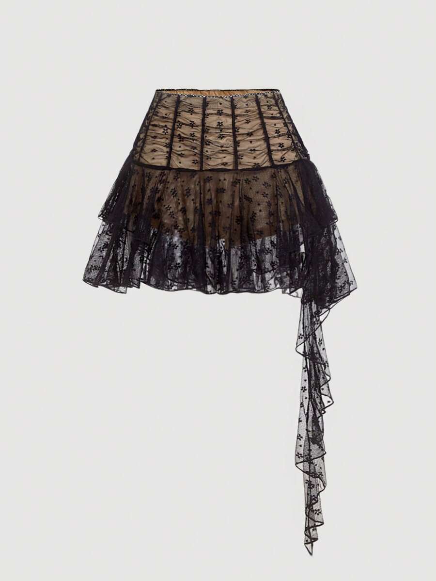 SHEIN MOD 褶饰不对称蕾丝低腰黑色半身裙