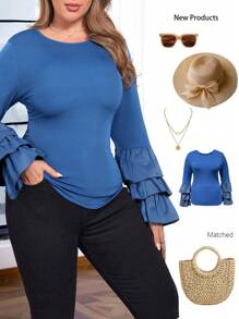 SHEIN LUNE Plus Size Women Ruffle Puff Sleeve Knitted Patchwork Crew Neck Pullover T-Shirt - Blue - View 5