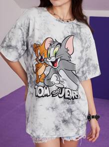 TOM & JERRY X SHEIN Women's Casual Tie Dye Cartoon Print Loose Drop Shoulder T-Shirt, Summer,Gray Tie-Dye T-Shirt, Cartoon Pattern Print, Versatile, Casual