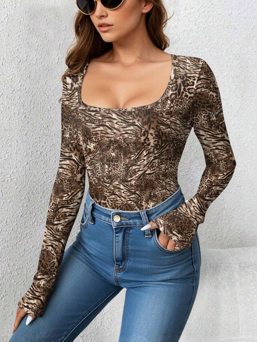 INAWLY Women's Fashionable Animal Print Long Sleeve T-Shirt, Spring/Autumn Fall Cloth For Women - Multicolor - View 1