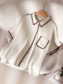 CosyJoli Plus Size Casual Contrast Trim Short Sleeve Shirt, Minimalist And Fashionable For Summer