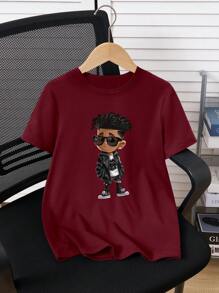Camiseta casual de manga corta y cuello redondo con estampado gráfico para niño preadolescente - Burdeos - Ver 1