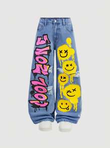 SHEIN Tween Boy Y2k Fashionable Graffiti Pattern Ripped Frayed Loose Legs Denim Blue Jeans, For Boys Spring And Summer Daily Streetwear - Light Wash - View 1
