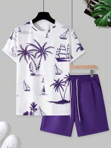 Manfinity RSRT Men's T-Shirt And Shorts Set, Casual And Stylish Suitable For Summer Men Vacation Sets Men Vacation Outfits Vacation Outfit For Men - Multicolor - View 3