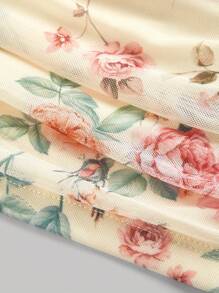 SHEIN MOD 女士方领黄白花卉印花修身褶皱优雅魅力上衣，秋季服装，万圣节服装，文艺复兴风格上衣，文艺复兴集市，锐舞派对上衣 - 黃色 - 查看 4