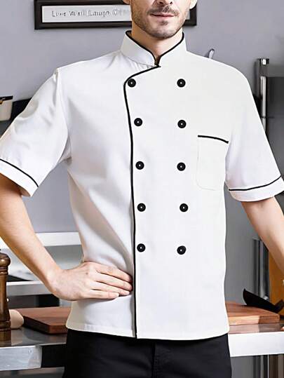 Manfinity Homme 1pc Unisex White Chef Jacket, Double-Breasted, Short Sleeve, Comfortable, Breathable, Ideal For Kitchen, Baking, Restaurant, Hotel Work, Men's Contrast Trim Double Breasted Chef Shirt Work Shirts For Men Chef Jacket Short Shirts Men's Work Shirts