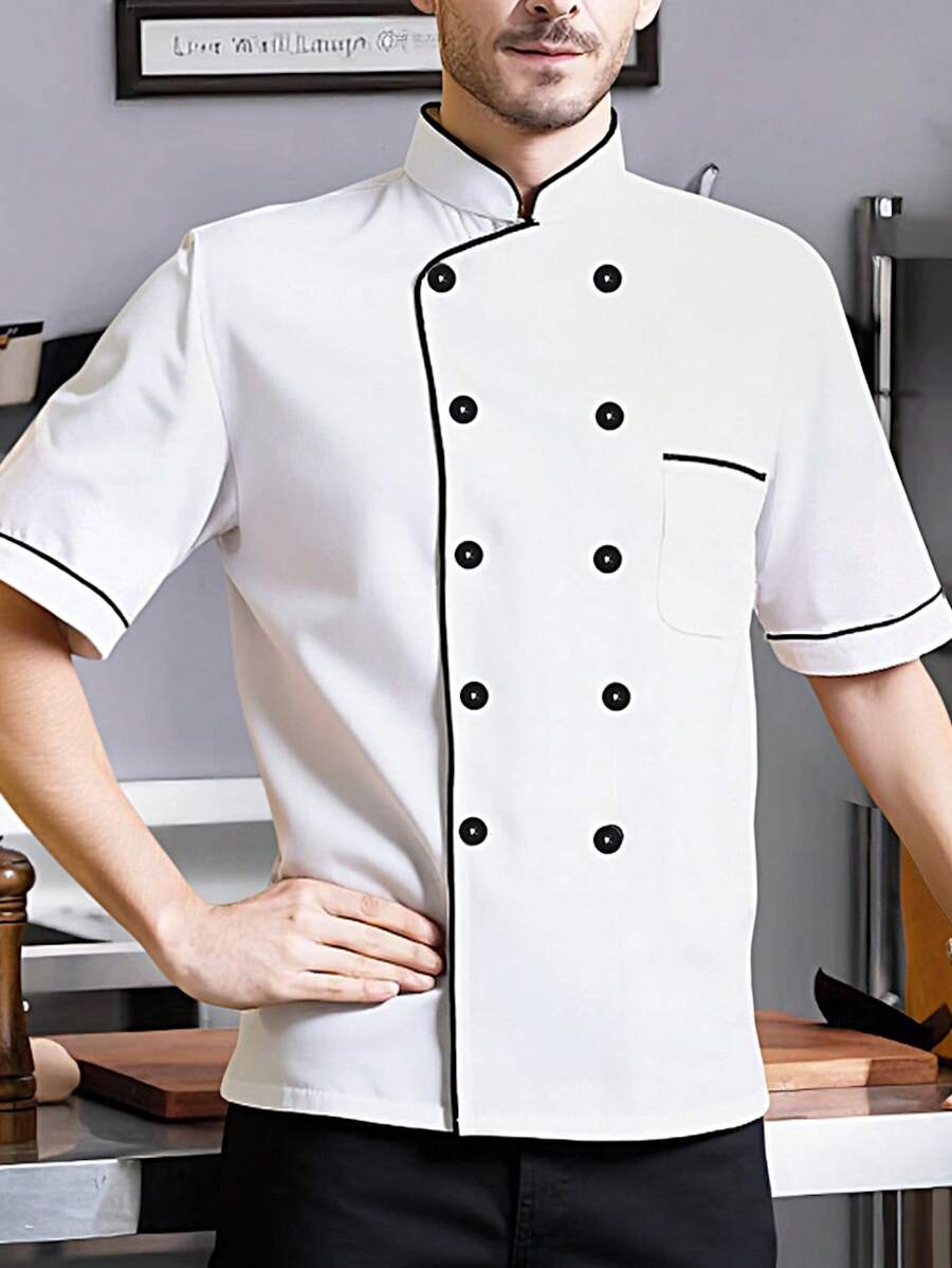 Manfinity Homme 1 件男女通用白色厨师夹克，双排扣，短袖，舒适，透气，非常适合厨房、烘焙、餐厅、酒店工作，男士撞色边饰双排扣厨师衬衫男士工作衬衫厨师夹克短衬衫男士工作衬衫