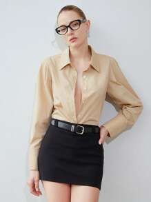 SHEIN Privé Solid Button Front Shirt Button Up Shirt Women  Fall Cloth For Women - Khaki - View 3