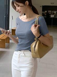 DAZY Women's Round Neck Fitted Short Sleeve Elegant T-Shirt, Gray, Spring/Summer,Business Casual Women - Dusty Blue - View 4