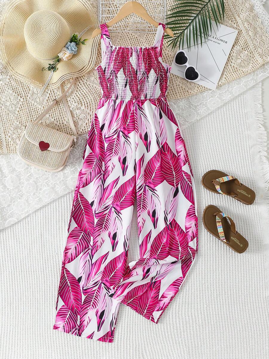 SHEIN Tween Girls' Minimalist Style Spaghetti Strap Jumpsuit, Suitable For Summer - Red - View 1