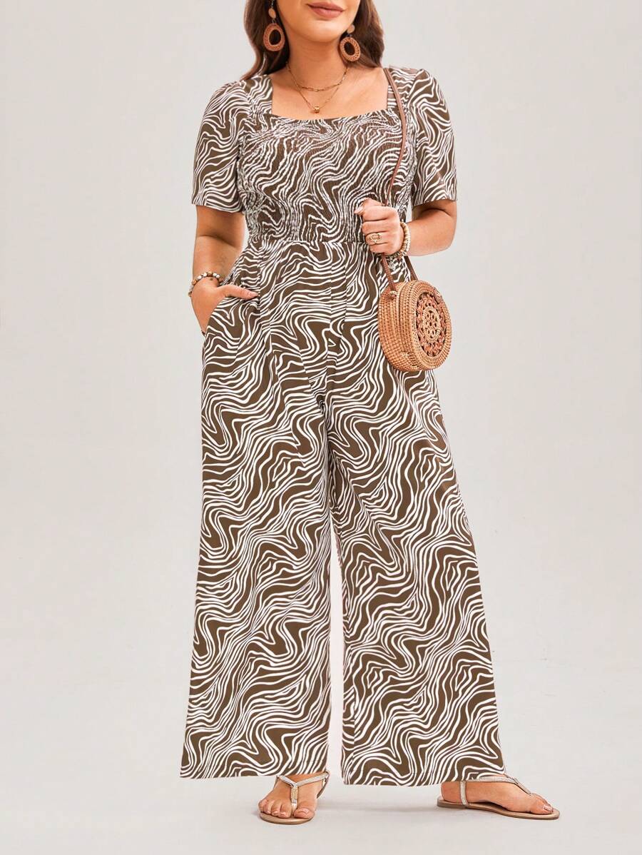 Women Plus Size Striped Print Square Neck Short Sleeve Jumpsuit With Waisted Flared Pants - Multicolor - View 1