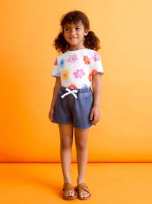 SHEIN Young Girls Cute Smiling Face & Floral Print T-Shirts - Multicolor - View 5