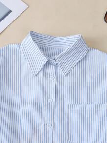 INAWLY Blusa corta con estampado de rayas y nudo en la espalda para mujer - Azul - Ver 3