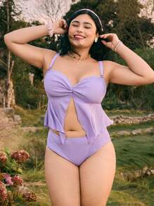 Swim Mod Plus Size Women's 2Pcs Crinkle Texture Rhinestone Embellished Front Slit Hem Top And High-Waisted Triangle Bottom Swimwear Set, Sweet & Cute, For Vacation & Daily Wear - Purple - View 1