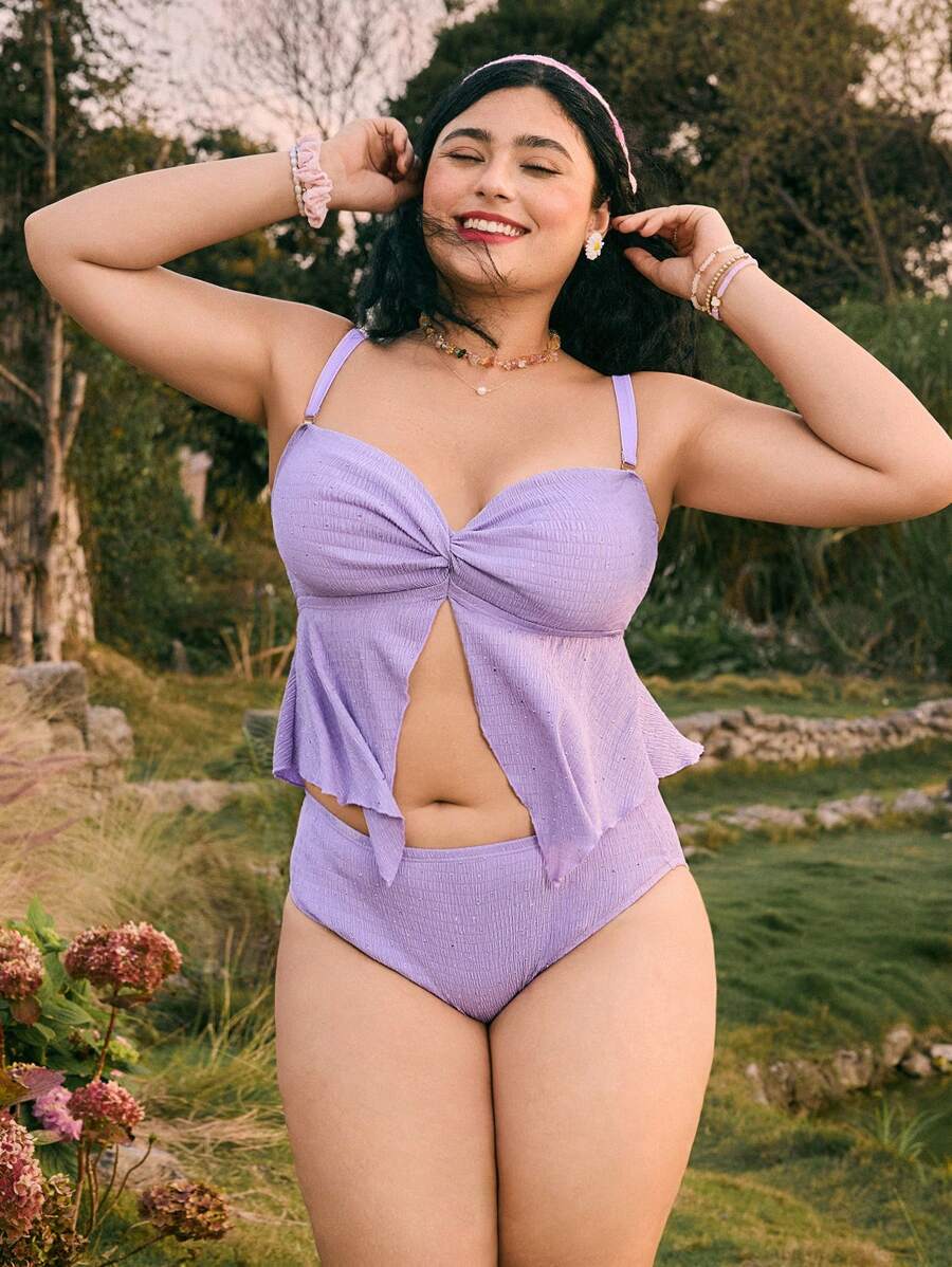 Swim Mod Plus Size Women's 2Pcs Crinkle Texture Rhinestone Embellished Front Slit Hem Top And High-Waisted Triangle Bottom Swimwear Set, Sweet & Cute, For Vacation & Daily Wear - Purple - View 1