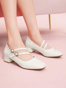 CUCCOO DOLLMOD 女士方头粗跟时尚简约高跟鞋，甜美复古学院风，适合夏季度假和日常穿着 - 白色 - 查看 3