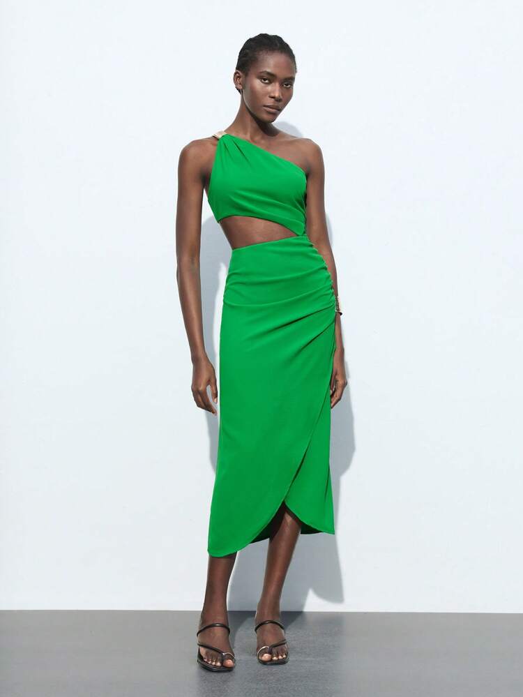 SHEIN Maija 2025 Autumn/Winter New Green Asymmetrical Cut Asymmetric Asymmetrical Neck Design Metal Decor Button Accent Elegant Dress, Fashionable Modern Urban Romantic Refined Rustic Y2K Country Music Festival Vintage Korean Airport Travel Street Wedding Guest Birthday Halloween Business Casual Office Date Party Outing Airport Back To School Autumn/Winter Women