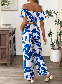 SHEIN Completo da due pezzi con top a spalle scoperte e pantaloni con stampa a foglie, abbigliamento da maternità per vacanze estive e appuntamenti