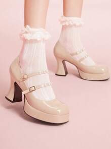 CUCCOO DOLLMOD Women's Black High Heel Waterproof Platform Lolita Mary Janes Cute Casual Shoes - Apricot - View 5