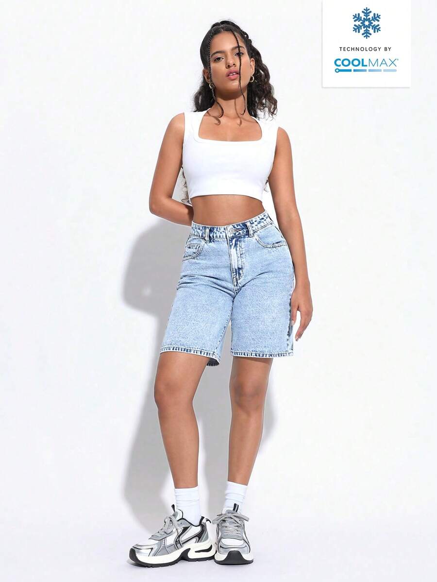 SHEIN PETITE 女士休闲牛仔短裤，夏季时尚 - 藍色 - 查看 1