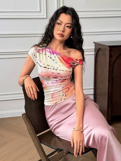 EastFlair Damen Asymmetrischer Kragen Geraffte Batik Bedruckte Lässig T-Shirt