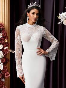 Glamrae Elegant Luxurious Lace Patchwork Elastic Knit Sheer Long Sleeve Bodycon Mermaid Dress, Suitable For Wedding, Party, Honeymoon, Bridal, Bride - Beige - View 2
