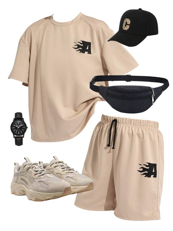 SHEIN 2 Stücke/Set Teenager Jungen Lässige Streetwear Muster Rundhals Locker T-Shirt & Shorts Set, bequem, geeignet für Schule, Garten, Strand, Geburtstag, Frühling/Sommer/Herbst/Winter