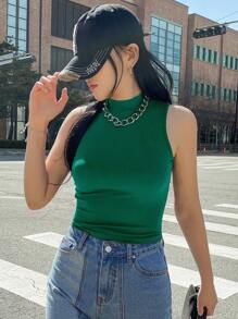 DAZY 女士立领修身休闲背心，百搭 - 綠色 - 查看 5