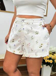 SHEIN EZwear Plus Size Women's Casual Ditsy Floral Ruffle Hem Loose Shorts,Summer Clothes,Vacation Outfits Women - Multicolor - View 3