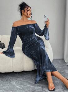 Modelyn Women Plus Size Off-The-Shoulder Flared Long Sleeve Ruched Tie-Dye Print Ruffle Bodycon Mermaid Elegant Fashion Dress Fall Cloth For Women