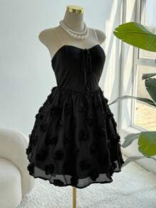 SHEIN Clasi 大码露肩 3D 花卉纹理荷叶边玫瑰蝴蝶结公主裙，性感派对礼服