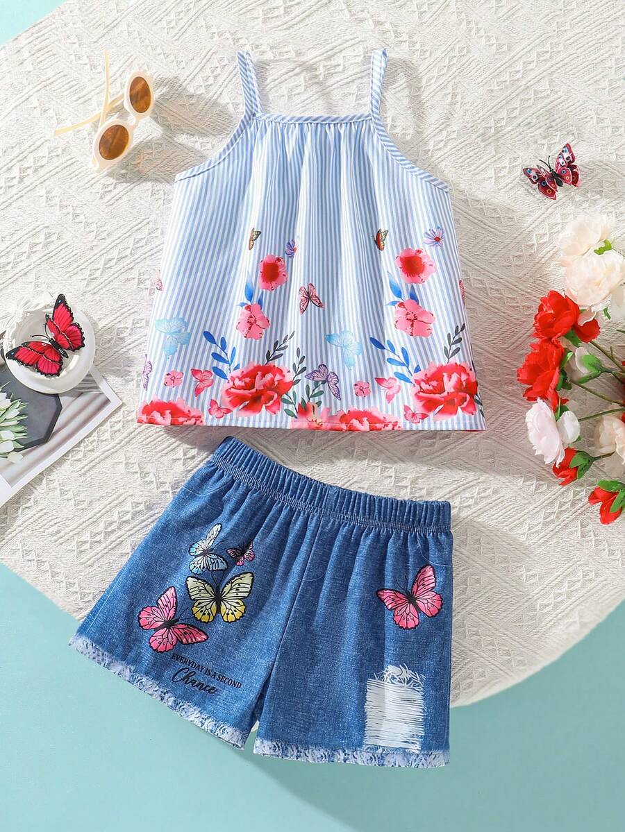 2 件套年轻女孩度假休闲条纹花朵印花吊带背心和蝴蝶印花牛仔短裤套装