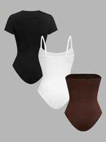 SHEIN EZwear 3 件套女士纯色圆领短袖紧身衣带吊带背心套装 - 彩色 - 查看 2