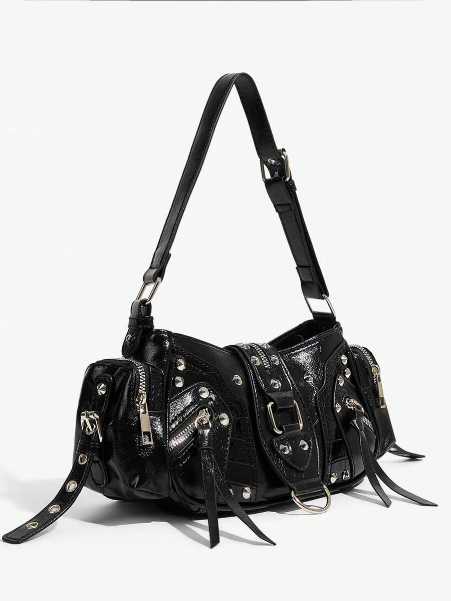 SHEIN ICON Ladies, Women Shoulder Bag, Hobo Bag, Fashionable, Personalized, Simple, Versatile, Street, Sweet And Cool Girls, Hot Girls, Y2k, Rivets, Biker Style, Punk, Teenagers, New Arrival Tote Bags For Woman , Goth - Black - View 1